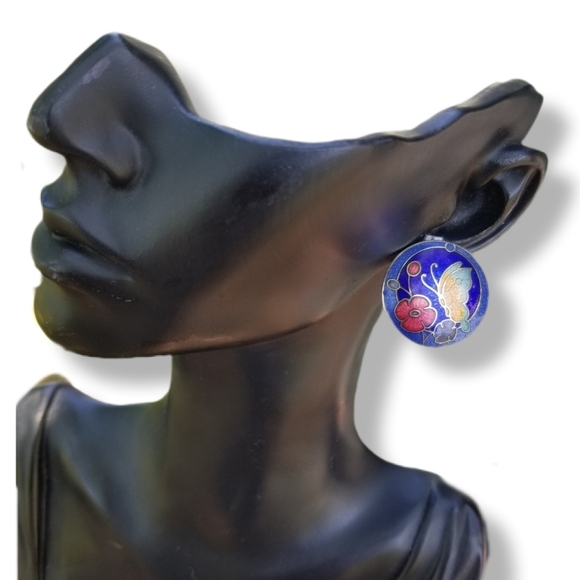 VINTAGE CLOISONNE BUTTERFLY & FLOWER BUTTON CLIP ON EARRINGS - Picture 2 of 6